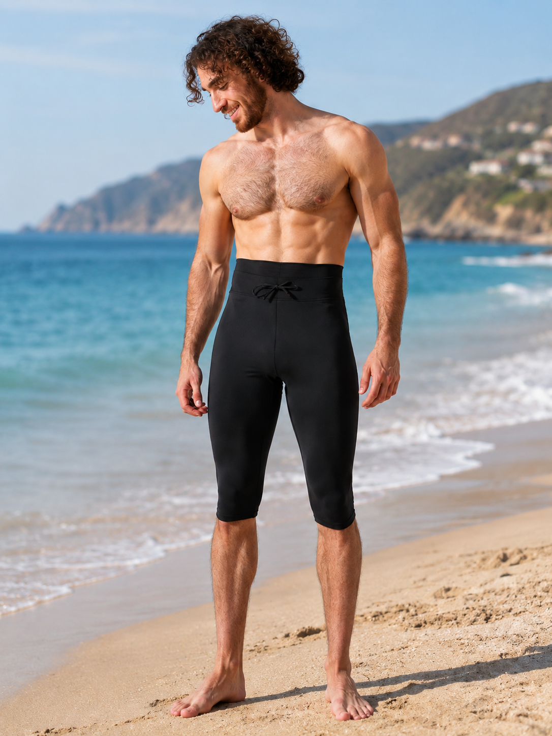 Muslim men's modest swim shorts with high-waisted navel coverage and inner compression layer