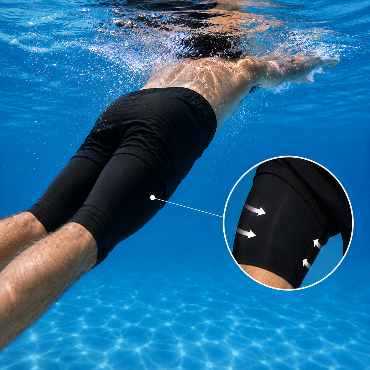 Close-up of inner compression layer underneath modest swim shorts