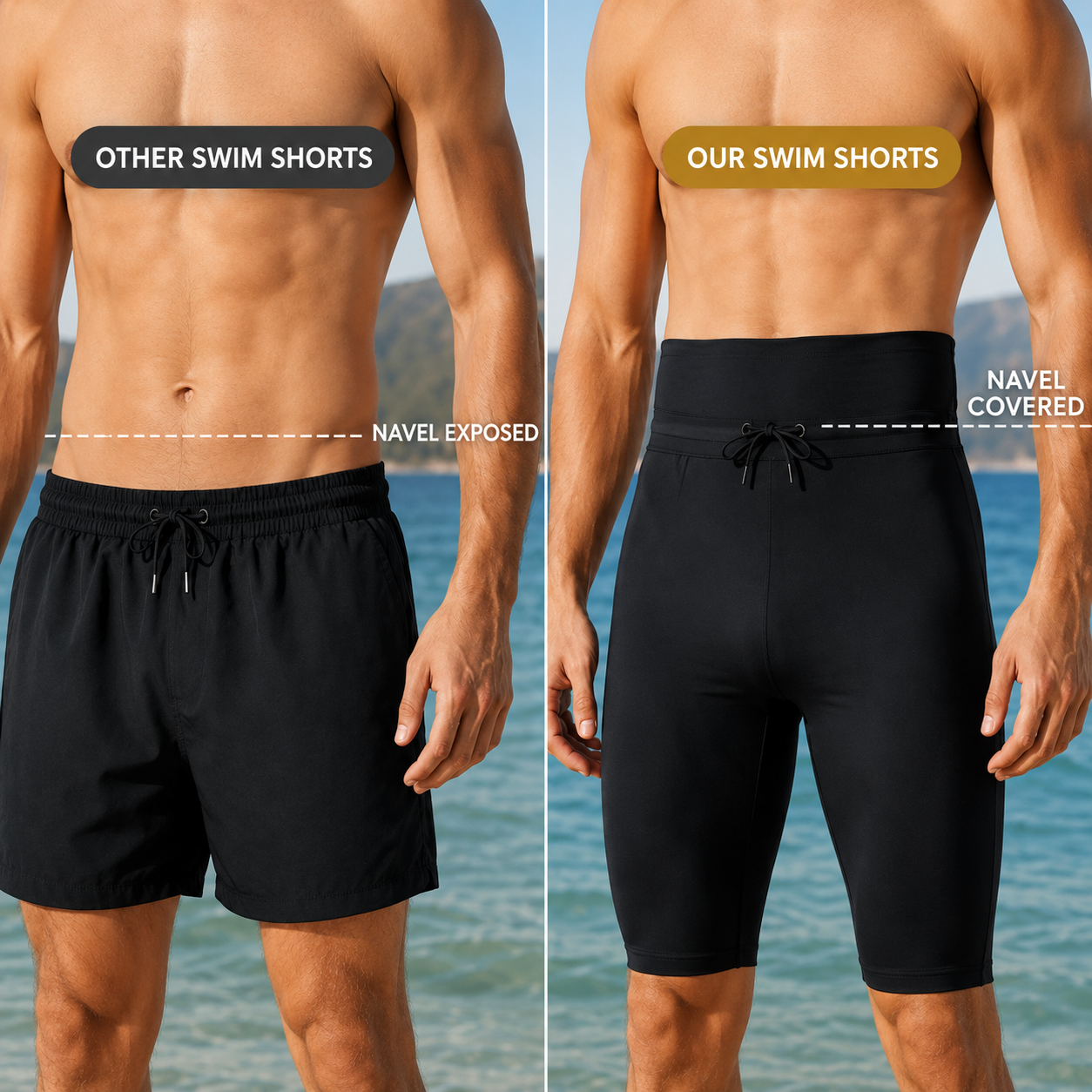 Close-up of high-waisted swim shorts waistband and drawstring